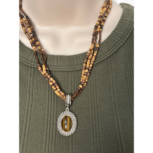 Women's Brown Tigers Eye Pendant Seed Bead Necklace 90's Y2K Statement Basic - Picture 3 of 6